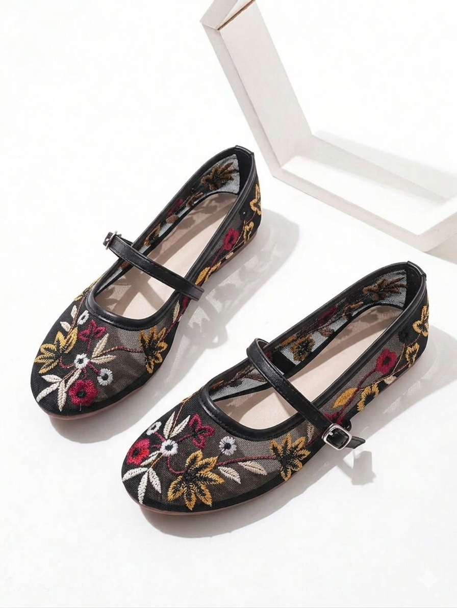 Floral Embroidery Flats Pump Shoe